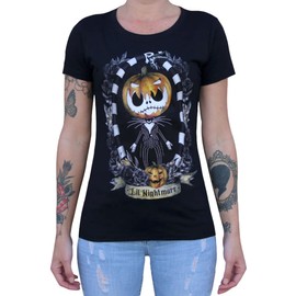 Women's Lil Nightmare T-Shirt Cute Jack Skellington Nightmare Before Christmas Loose Neck Graphic Tee Artist Miss Cherry Martini (X-Large - Black)