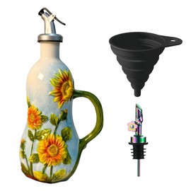 Windefun 18.26oz/540ml Ceramic Olive Oil Dispenser Bottle,Hand Painted Reliefs Oil Dispenser for Kitchen,Oil Bottles for Kitchen (Sunflower)