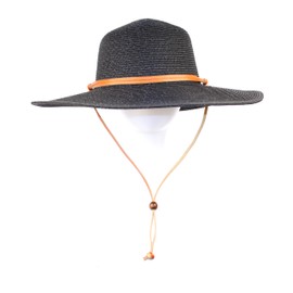 Women's Wide Brim Braided Sun Hat with Wind Lanyard Rated UPF 50+ Maximum Sun Protection (BLACK)