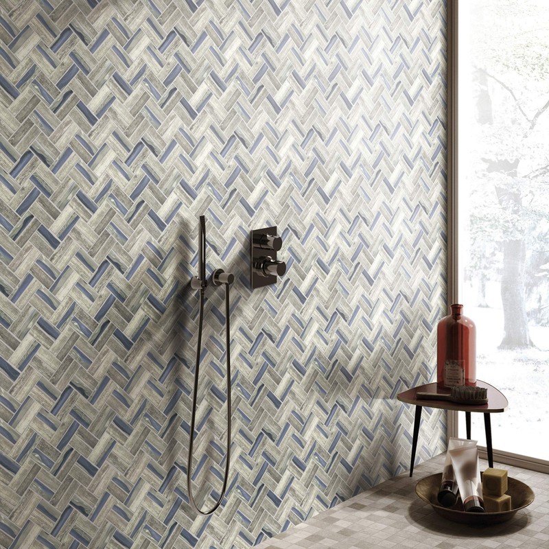TREGLG-09 Recycle Glass Wooden Look Blue Herringbone Mosaic Tile Backsplash