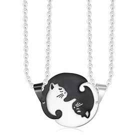 ONLYJUMP Couple Heart Cat Matching Necklaces set for women Couples Friendship Pendant Heart Yin Yang Friendship Necklace Stainless Steel Necklace (Black Silver Round)