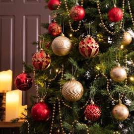 Valery Madelyn Plastic Christmas Tree Baubles 16 Pieces 8 cm Tree Decoration Baubles Christmas Baubles with Hanger for Christmas Decoration Traditional Theme Red Golden