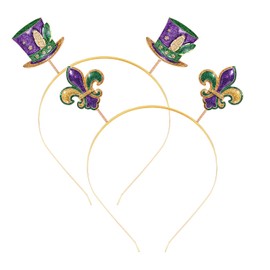 HEIDKRUEGER 2 diademas de Mardi Gras para mujer, con purpurina, sombrero de flor de lis, accesorio para el pelo de carnaval, color morado, verde y dorado