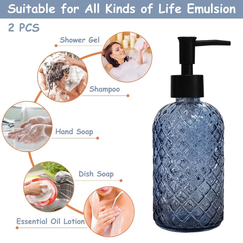 Blue Glass Dish Soap Dispenser for Kitchen, 12oz Refillable Liquid
