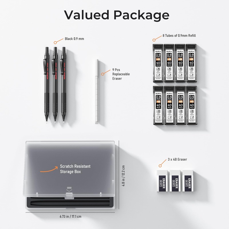Nicpro 0.9 Metal Mechanical Pencil Set with Case, 3PCS Black