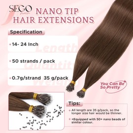 SEGO Nano Tip Hair Extensions Human Hair, Nano Beads Balayage Seamless Highlight Pre-bonded Extensions for Women, 0.7g/strand, 50 strands 35g/pack -22 Inch#04R Medium Chocolate Brown