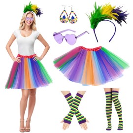 80s Fancy Dress for Women Girls, Rainbow Costume Neon Tutu Skirt Headband Leg Warmers Gloves Sunglasses Carnival Dress Up Outfits for Carnival Mardi Gras 1980s Party(Rainbow 2)
