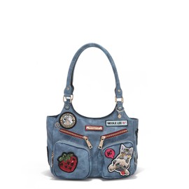 Nicole Lee Multi-Patch Shoulder Bag, Denim-Look Vegan Leather with Sequin Strawberry, Cat and Dog Prints, Medium Handbag (BLUE)