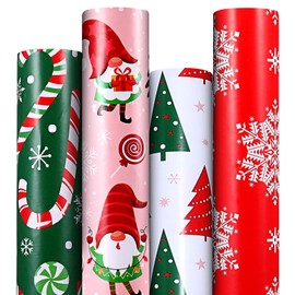 Panigkids Christmas Wrapping Paper 4 Rolls with Santa Claus, Snowflakes, Candy, Pine Designs, for Men Women Kids, 16.9 In x 16.4 Feet, for Christmas, Holiday, Party Celebration