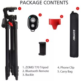 Zomei T70 Portable Tripod with Phone Clip and Bluetooth Remote Black Red 54.3 in