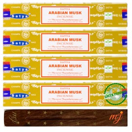 Original Satya Nag Champa Arabian Musk Incense Sticks | with M&J incense sticks holder | x4 pack | for Aromatherapy, Spa, Yoga, Weddings, Meditation, Healing, Positivity and Relaxation