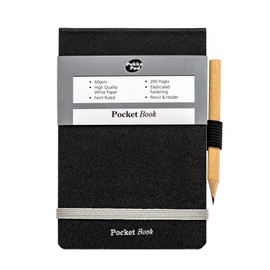 Pukka Pad, A7 Pocket Book and Pencil – Pack of 6 Head-Bound Notepads with Elasticated Closures and Pencil Holders – 200 Pages of 60GSM Paper with 8mm Lines Per Pad – 86 x 129cm, Black