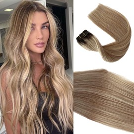 Clip in Hair Extensions Real Human Hair 7 Pcs Golden Brown Mixed 613 Blonde Highlights Human Hair Extensions Clip ins Medium Brown Roots Human Hair Clip in Extensions 22 Inch 70g, #4T12P613