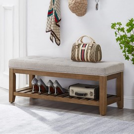 24KF Large Rectangular Upholstered Tufted Linen Fabric Ottoman Bench, Padded Bench with Solid Wood Shelf-Linen