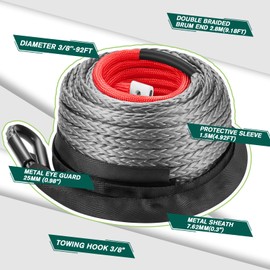HEDGFOX 3/8 Inch x 80 Feet Synthetic Winch Rope, 24000Lbs Synthetic Winch Line Cable Rope with Protective Sleeve for Off Road Vehicle SUV Gray