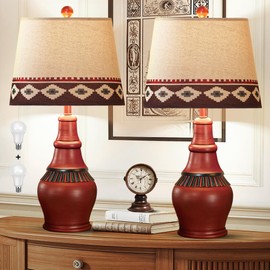 Hamucd Set of 2 Western Rustic Table Lamps for Living Room 3-Color Temperature Dimmable Southwest Farmhouse Bedside Lamps for Bedroom,Cottage Native American Nightstand Lamps with 2 Bulbs Included