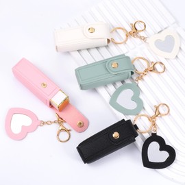 4 Pcs Lipstick Holder Keychain, Potable Lipstick Keychain Holder with Mirror, Pu Leathe Lip Balm Organizer LipstickTravel Makeup Storage Case for Women Girls