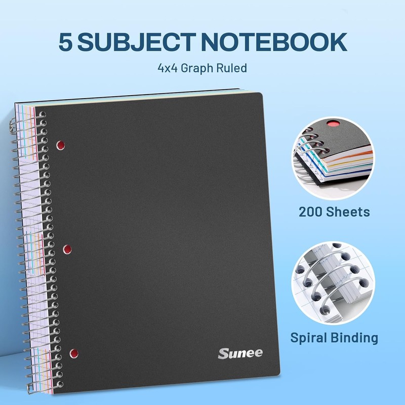 SUNEE 5 Subject Graph Paper Notebook - 400 Pages, 9"x11",