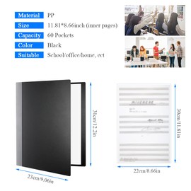 60 Pocket Presentation Book with Clear Sheet Protectors, Grathia A4 Portfolio Folder Binder Display 120 Pages Bound Sheet Protectors Brinder for Childrens Artwork Sheet Music Diamond Paintings Black