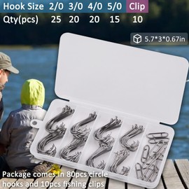 Saltwater Fishing Circle Hooks Kit 2X Strong Offset Circle Hooks Black High Carbon Steel Catfish Fishing Hooks Power Clips for Sea Freshwater