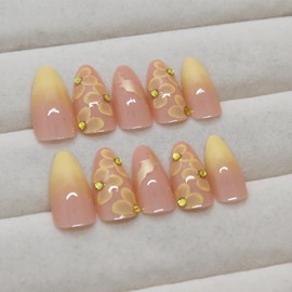 BABALAL Acrylic Press on Nails Medium Almond Fake Nails Yellow Glue on False Nails Flower Design Coquette Rhinestone Glossy Stiletto Manicure Summer 24Pcs