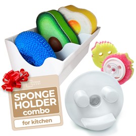 BeraTek Industries Smiley Face Sponge Holder with Suction Cup and Sponge Caddy Combo - Keep Your Happy Face Sponge Clean and Dry with the In Sink Sponge Holder by Storage Theory - White - Combo