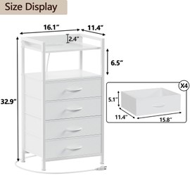Furnulem White Nightstand with Charging Station, Night Stand Side Table with Led Light, Tall Dresser for Bedroom with 4 Fabric Storage Drawers, Metal Frame, Wood Shelf(White)