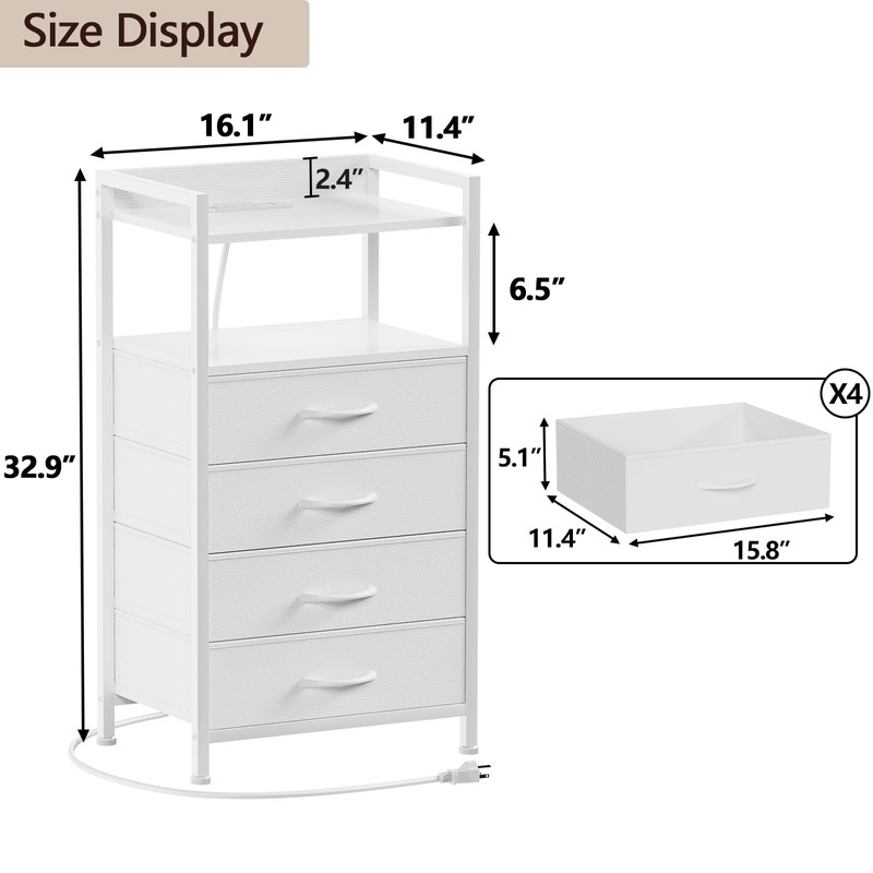 Furnulem White Nightstand with Charging Station, Night Stand Side Table
