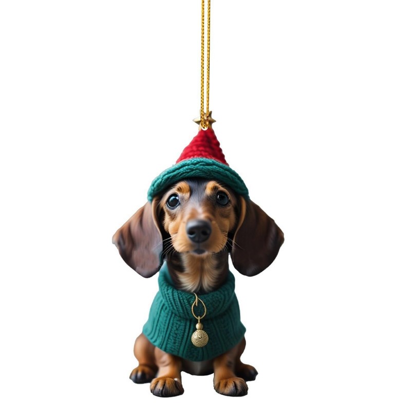 Dog with Green Hat and Red Sweater Christmas Ornament (Style