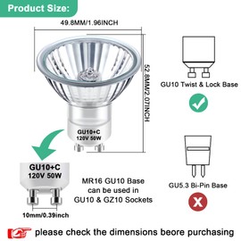 GU10 Halogen 50W Bulbs, Dimmable MR16 GU10+C 120V 50W for Track, Recessed, Accent Light, Range Hood Light Bulbs, 2700K Warm White, Pack of 4