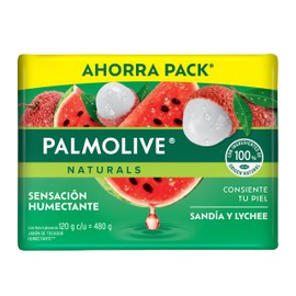 Palmolive Naturals Jabón de Baño Sandia y Lychee en Barra 4 x 120 g  Mantiene la Humectación Natural de la Piel, Fórmula Nutritiva con Ingredientes...
