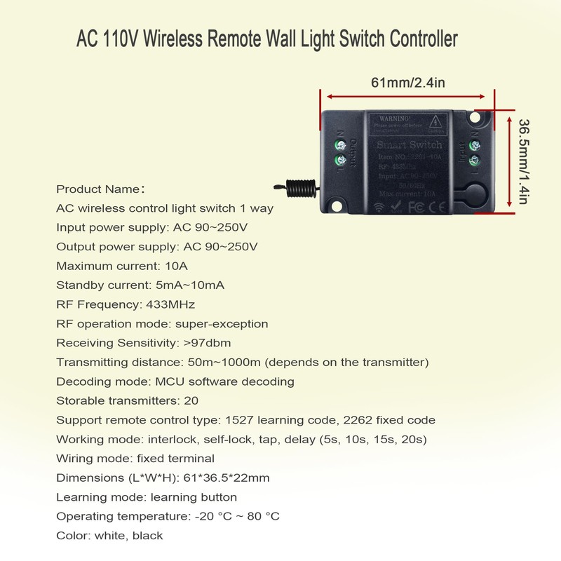 Wireless Remote Light Switch,No Wiring, AC 110V Wireless Wall Switch