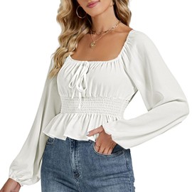 Rooscier Women's Square Neck Lantern Long Sleeve Shirred Waist Ruffle Peplum Crop Top Blouse Solid White Medium