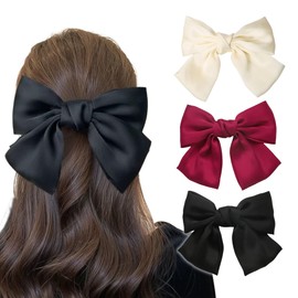 Fesanla Ribbon Barrette, Satin, Black, Red, White, Large, Hair Clip, Set of 3, Bowknot, Hair Accessory, Hair Ornament, Hair Clip, Stylish, Adults, Graduation Ceremonies, Weddings, Yukata (Black + Red + White)