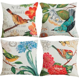 Set of 4 Cushion Covers, 17.7 x 17.7 inches (45 x 45 cm), Decorative Pillowcase, Stylish, Scenery, Nordic, Cute, Floral, Cotton Linen, Room Goods, Sofa, Car, Interior Decoration, Body Pillowcase, Bird