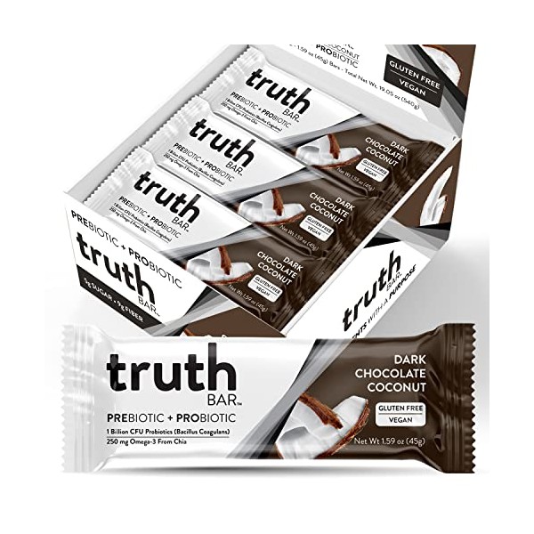 Truth Bar Healthy Snack, Omega 3 from Chia, Plant based, Prebiotics & Probiotics, High fiber, Low sugar, Keto, Kosher, Dark Chocolate, Vegan, Gluten Free, 12 Ct, 45g ea.