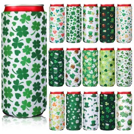 Pickmesh 16 Pcs St. Patrick's Day Can Cooler Sleeves 12oz Green Shamrock Can Cover Neoprene Bottle Holder Lucky Insulated Drink Cover for Beverage Irish Holiday Bachelorette Party Supplies(Slim)