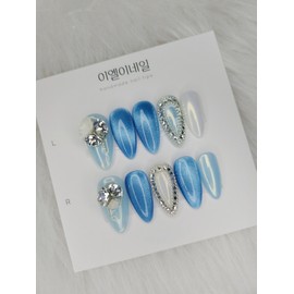 Blue Magnet Gel Stone Point Nail - Coffin Egg / 블루자석젤 스톤포인트 네일 - 코핀에그