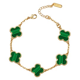 18K Gold Plated Clover Bracelet for Women, Four Leaf Clover Lucky Charm Bracelet, Dainty Jewelry Gifts for Women (Malachite green)