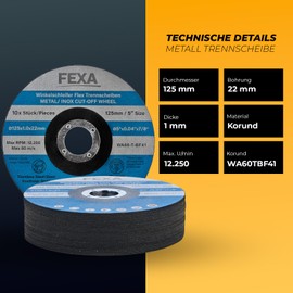 Fexa Cutting Disc 125 for Metal, Sanding Discs for Steel, Stainless Steel, Stainless Steel, Stainless Steel, 125 mm x 1 mm, Pack of 10, Thin Flex Discs