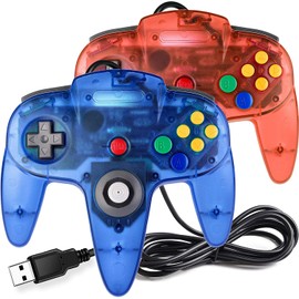 2 Pack USB N64 Controller, FISUPER Wired USB Gamepad Joystick for Windows PC MAC Raspberry PI (Clear Blue+Clear Red)