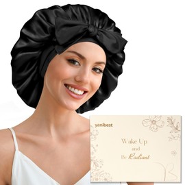 YANIBEST 22 Momme 6A Grade 100% Mulberry Silk Bonnet for Sleeping Women Double Layer Silk Sleep Bonnet with Tie for Long Curly Hair,Silk Sleep Cap Black