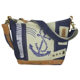 Sunsa Women's Shoulder Bag Small Canvas Bag with Recycled Jeans and Leather Vintage Design Bags are Practical Gifts for Women. Maritime Shoulder Bag Women's Bags Sale, blue / beige, Retro