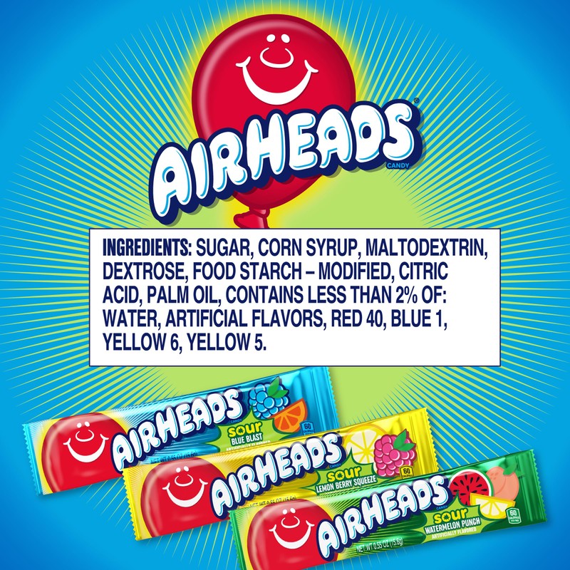 Airheads Mini SOURS Candy Bars, Sour Watermelon Punch, Blue Blast,