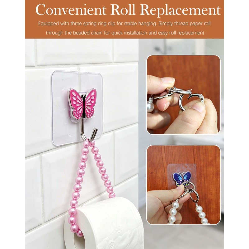 2 Set Beaded Tissue Roll Holder with Butterfly Wall Hook,Pink