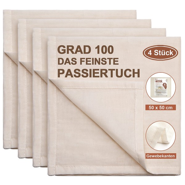 eFond Straining Cloth, 50 x 50 cm, Cheese Cloth, Fine Woven Density 100 Gauze Cloth, Unbleached Pure Cotton Cheesecloth with Clean Folded Hem, Washable and Reusable Filter Cloth (Pack of 4)