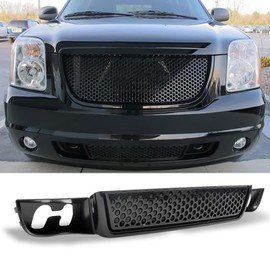 IKON MOTORSPORTS, Grille Compatible With 2007-2014 Gmc Yukon SLE SLT Denali & Yukon XL 1500 Denali, ABS Black Front Bumper Hood Grill, 2008 2009 2010 2011 2012