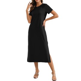 Naggoo Women Short Sleeve Loose Plain Maxi Pockets Dresses Casual Fit Tshirt Long Dresses Black