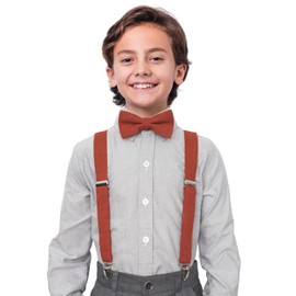 BELLUNO Rust Pre-tied Bow Tie and Suspenders Set, Cotton and Linen, Kids and Schoolers