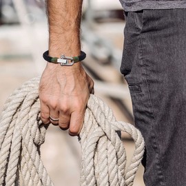 COOLSTEELANDBEYOND Large Black Brown Green Braided Cotton Rope Mens Womens Stainless Steel Nautical Screw Anchor Shackle Wrap Bracelet